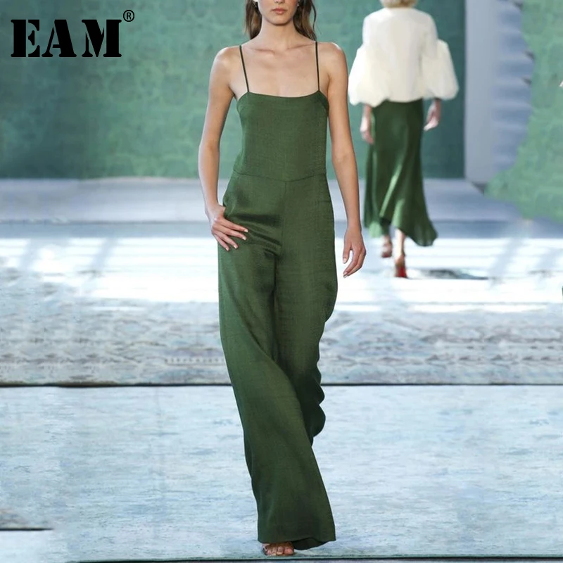 

[EAM] 2019 New Autumn Winter High Waist Pocket Stitch Spaghetti Pockets Loose Wide Leg Pants Women Jumpsuit Fashion Tide JX665