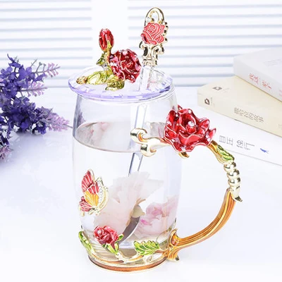 A6 cup spoon lid Термостойкая стеклянная чашка, красная роза, украшение, эмаль, кофейная чашка, кружка, цветок, чай, стекло, сплав, рукоятка, чашка и кружки, подарочная коробка - Цвет: A6 cup spoon lid