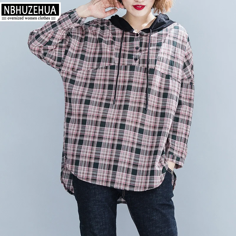 

NBHUZEHUA Shirt Women Plus Size streetwear Spring 2019 Blouses Hooded Plaid Womens Tops Long Sleeve Korean Clothing 4XL 19-D165