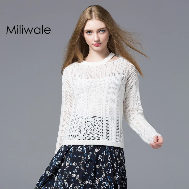 

Summer new fashion loosen hollow out o neck solid pullover knitted thin long sleeve women sweater 5001