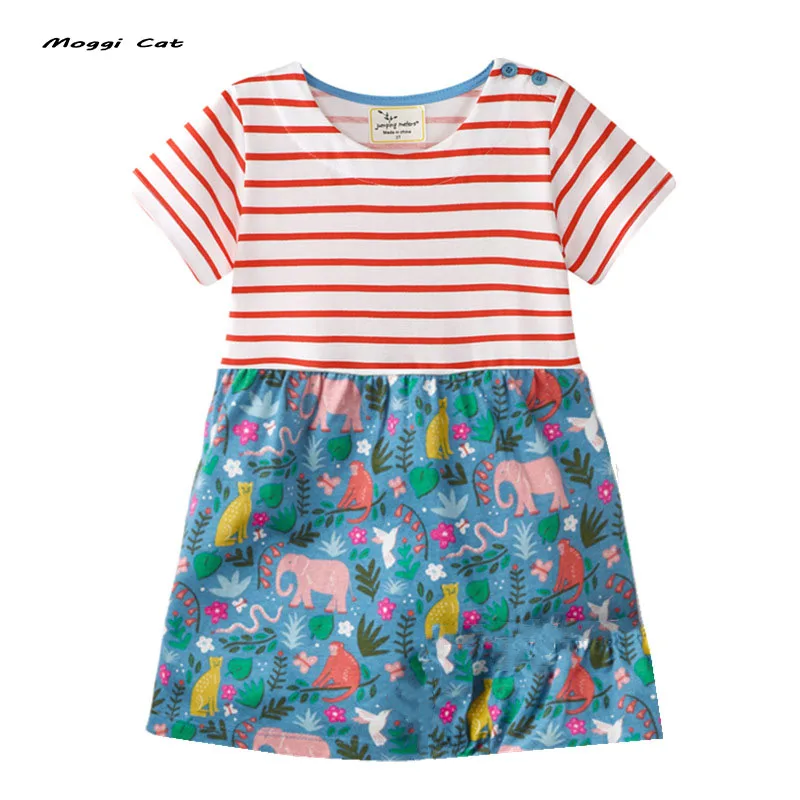 Moggi Cat New Summer Dress Toddler Kids Baby Girls Lovely Birthday Clothes Red Striped Short Sleeve Party Elephant Print Dresses