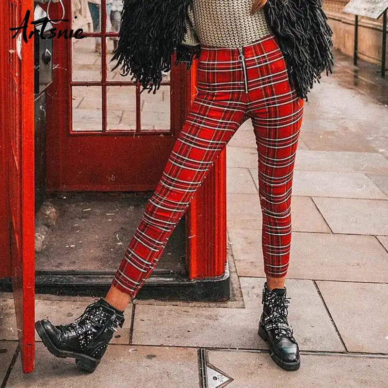 plaid pants with zippers