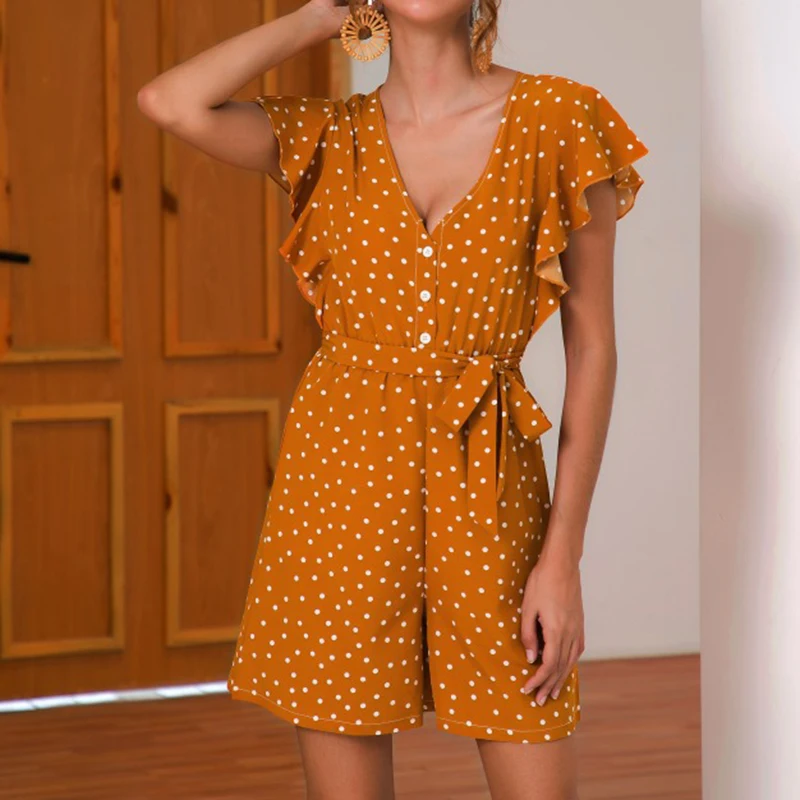 2019 Holiday Casual Female Polka Dot Sexy V-Neck Mini Playsuit Hot Summer Short Sleeve Ruffle Button Wide Leg Shorts Jumpsuit 2019 Holiday Casual Female Polka Dot Sexy V-Neck Mini Playsuit Hot Summer Short Sleeve Ruffle Button Wide Leg Shorts Jumpsuit