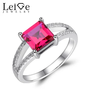 

Leige Jewelry Lab Ruby Ring Red Gemstone Engagement Promise Rings for Women Silver 925 Fine Jewelry Square Cut Double Band