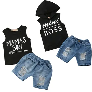 

US Cool Kids Boys Baby Clothes Summer Sleeveless Letter Hoodies T-Shirt Tops+Denim Hole Short Jeans Outfits 2PCS Set for 1-5Y