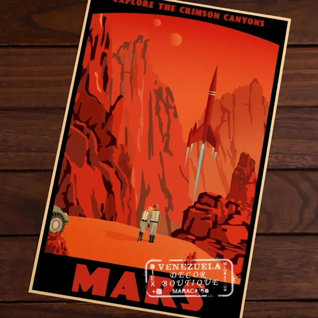 Mars Crimson Canyons Map Vintage Travel Poster Classic Retro Kraft Decorative Maps Wall Sticker Home Bar Posters DIY Decor Gift
