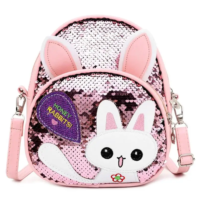 New Fashion High Quality Children Girls Babbit Bag Leather+ Sequins School Bookbag Travel Backpack Rucksack Zipper - Цвет: Розовый