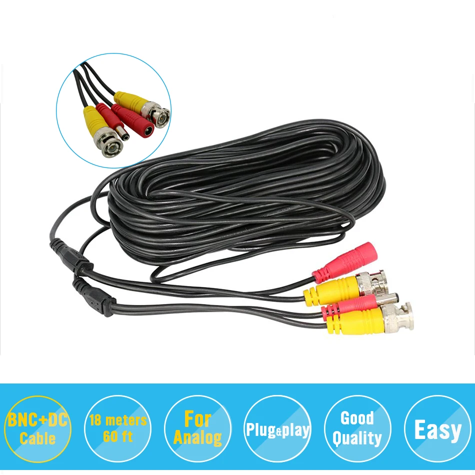 BNC Video Power Siamese Cable 65ft 18m for Analog AHD CVI CCTV Surveillance Camera DVR Kit