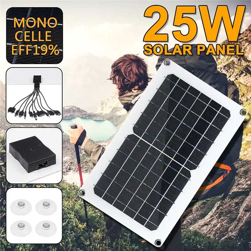 

25W Solar Panel 5V Solar Cell DC5V 2A Monocrystalline Solar charger Output Outdoor Camping Working with One to Ten Data Cable