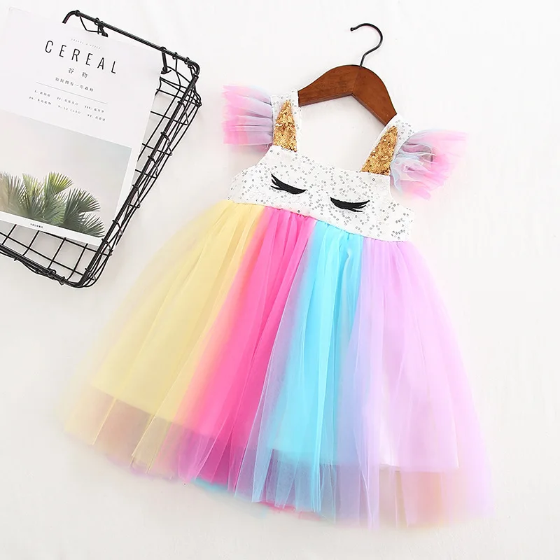 Платье для девочек Радужное платье с рукавами-лепестками и ресницами милое платье-пачка принцессы с единорогом платье для маленьких девочек