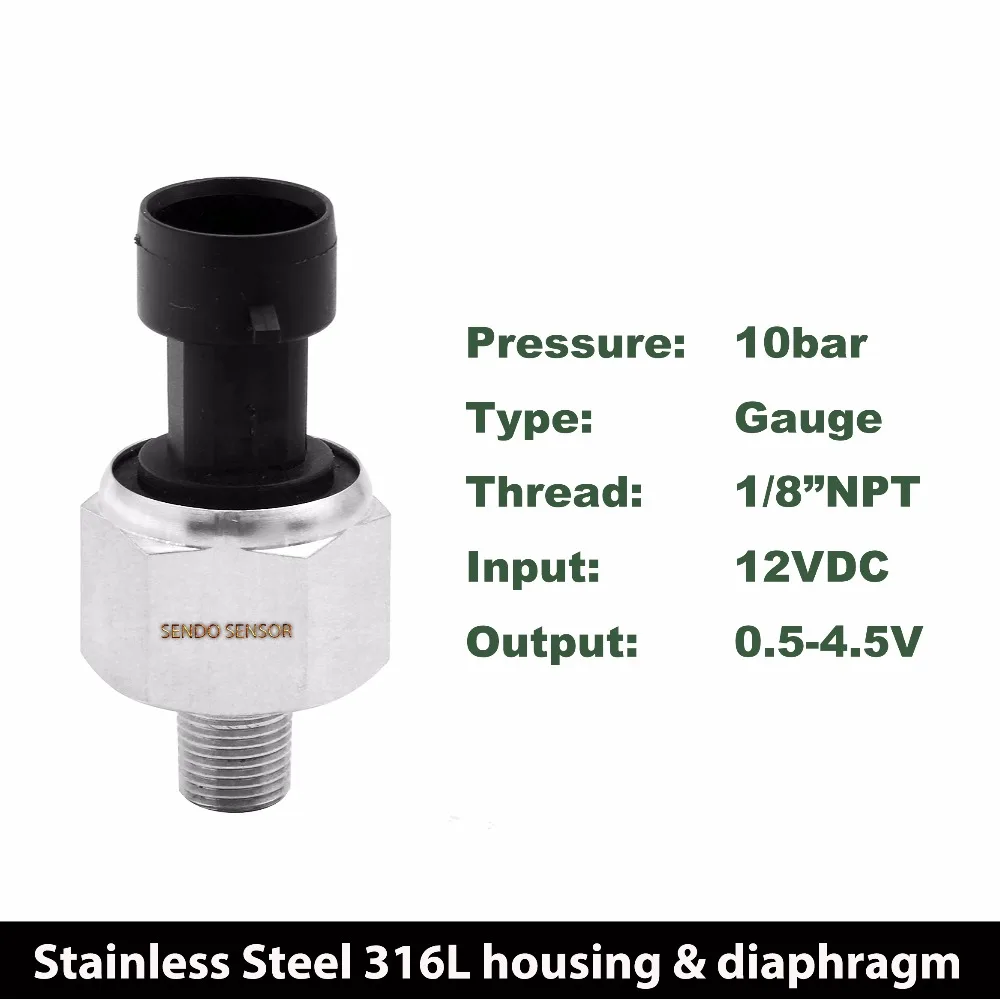 

0-150psi/ 10bar /1Mpa pres, 12 Volt dc, 0.5 4.5V output signa, gas, oil, water pressure sensor, 17-4 PH Stainless Steel, 1/8"NPT