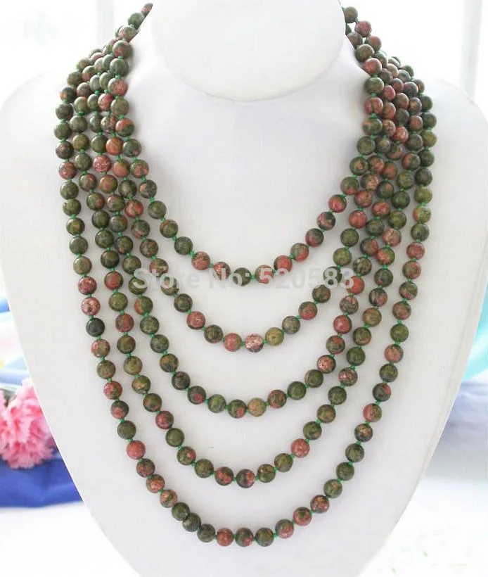 

Long 100" Natural 8mm Unakite green red stone bead necklace