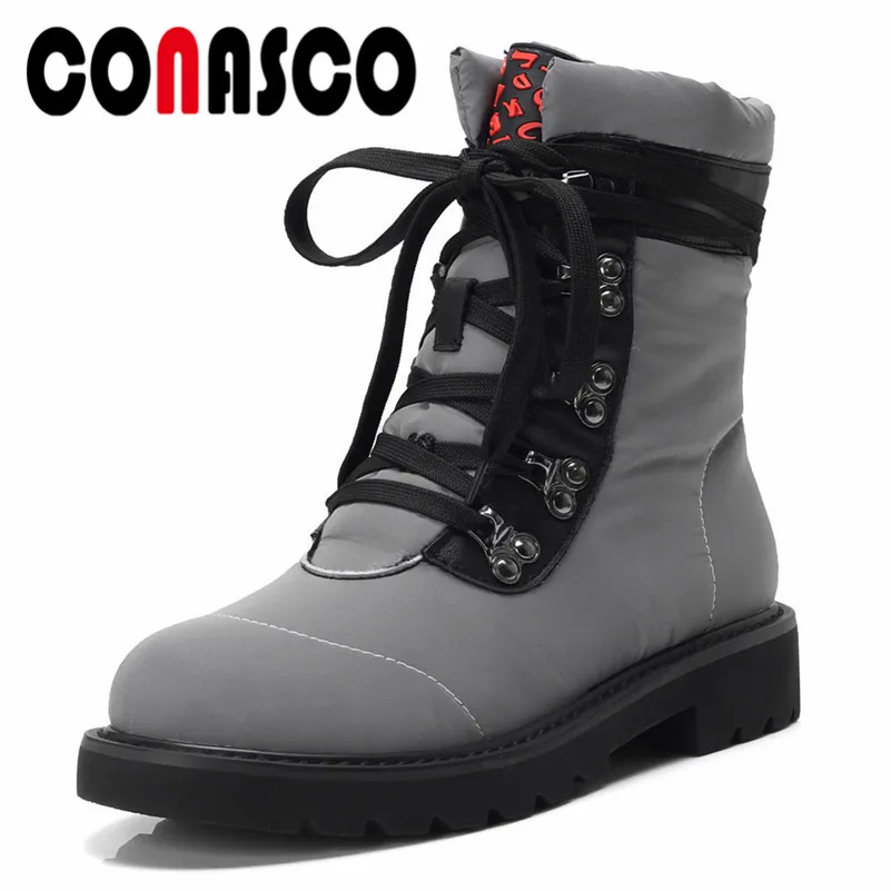 

CONASCO Fashion Warm Down Snow Boots Lace Up Winter Sexy Motorcycle Boots Rivets Short Motorcycle Boots Ladies Martin Shoes