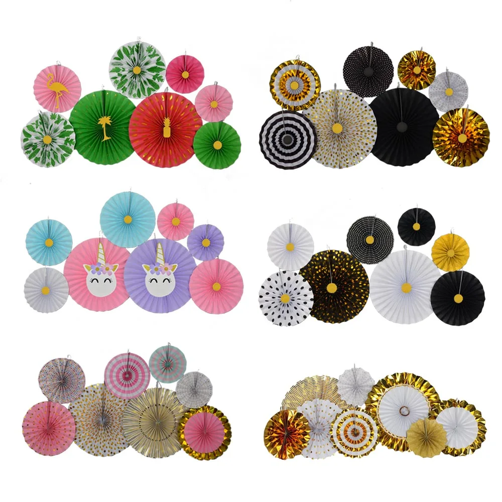 

New 8pcs/set Mixed Size 8" 10" 12" 16" Gold/White/Black Graduation Hanging Paper Fan Unicorn Party Decor Paper Crafts Ornaments