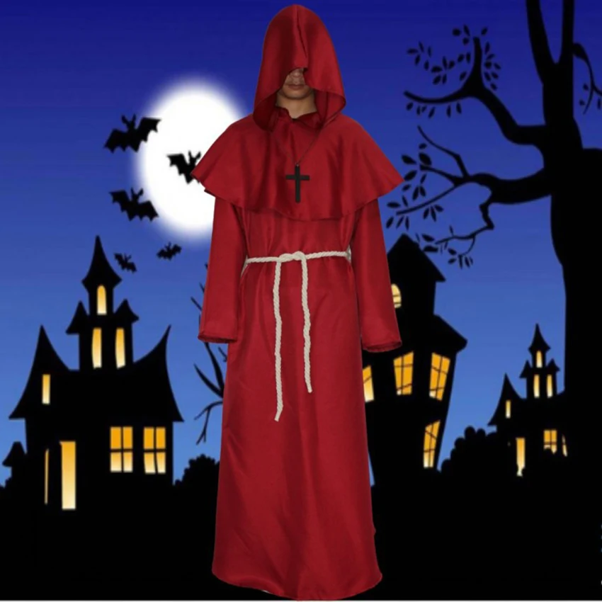 

Halloween Cosplay Costume Medieval Monk Robes Wizard Priest Cloak Solid Color Costume Clothes Party Costume men