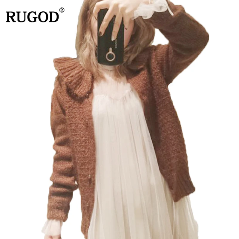 

RUGOD Female Ruffles Thick Cardigans 2019 Autumn New Casual O-Neck Knitted Single Breasted Solid Sweater For Women Sueter Mujer