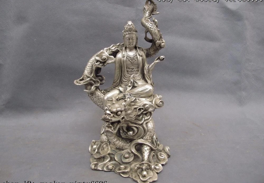 Chinese Buddhism White Copper Silver Ride Dragon Guan Yin Kwan-yin Boddhisattva | Дом и сад