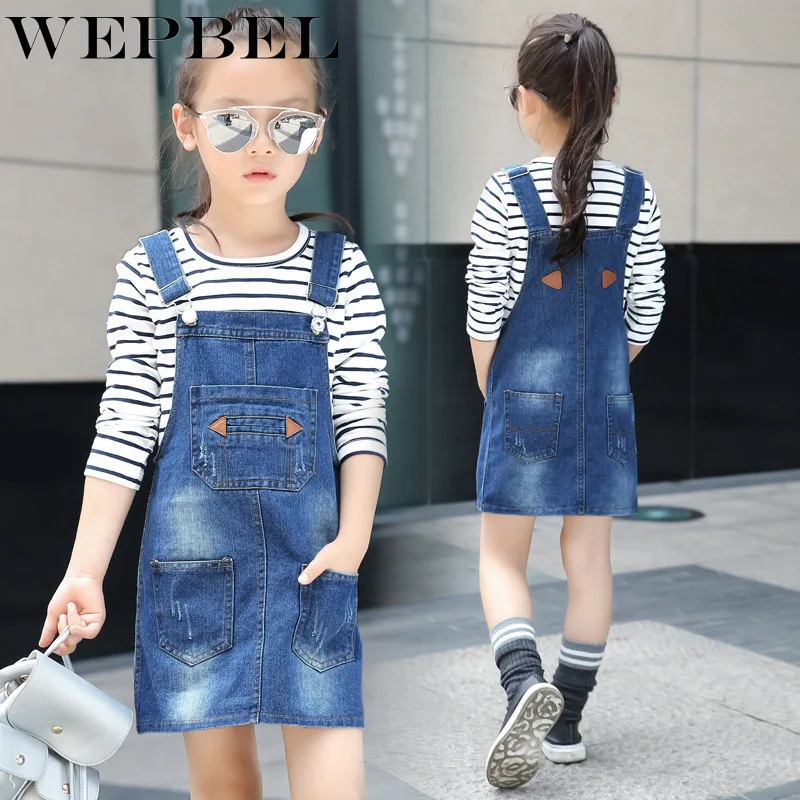 

WEPBEL Girl Cowboy Suspender Dress Girls Denim Strap Dress Jean Sundress Kids Girls Casual Dresses Baby Clothing 2-12 Years