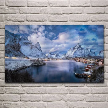 

nature Landscape Lofoten island Mountain Norway Village Winter living room decor home art decor wood frame fabric poster KF994