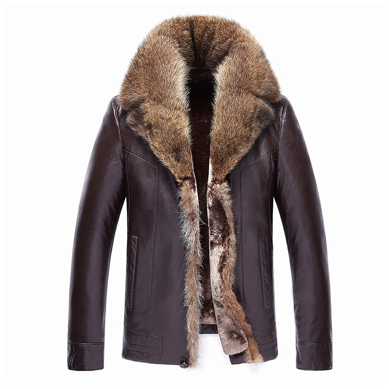 2019 Men Leather Jacket Faux Sheepskin Jacket Thick Leather Jacket Fur Men Winter Leather Coat Fur Lined Coat Raccoon Fur Collar