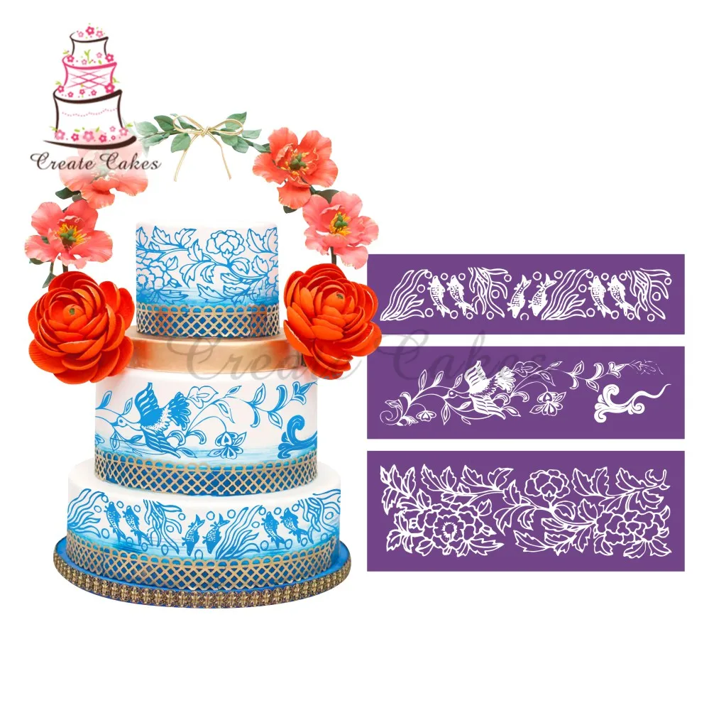 

Leisurely Scenery Fish and Crane Stencil for Cake Design Fondant Wedding Cake Mesh Stencil Lace Mold Fabric Stencils Decorating