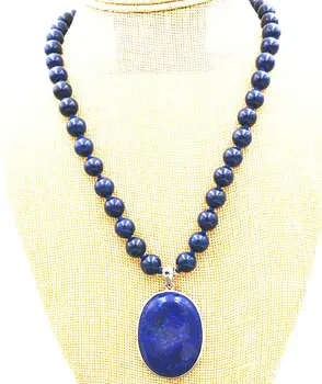 

Women Gift word Love real Beautiful 10MM blue Lapis Lazuli Beads & 30x40mm Pendant Necklace 18 " WW -jewelry