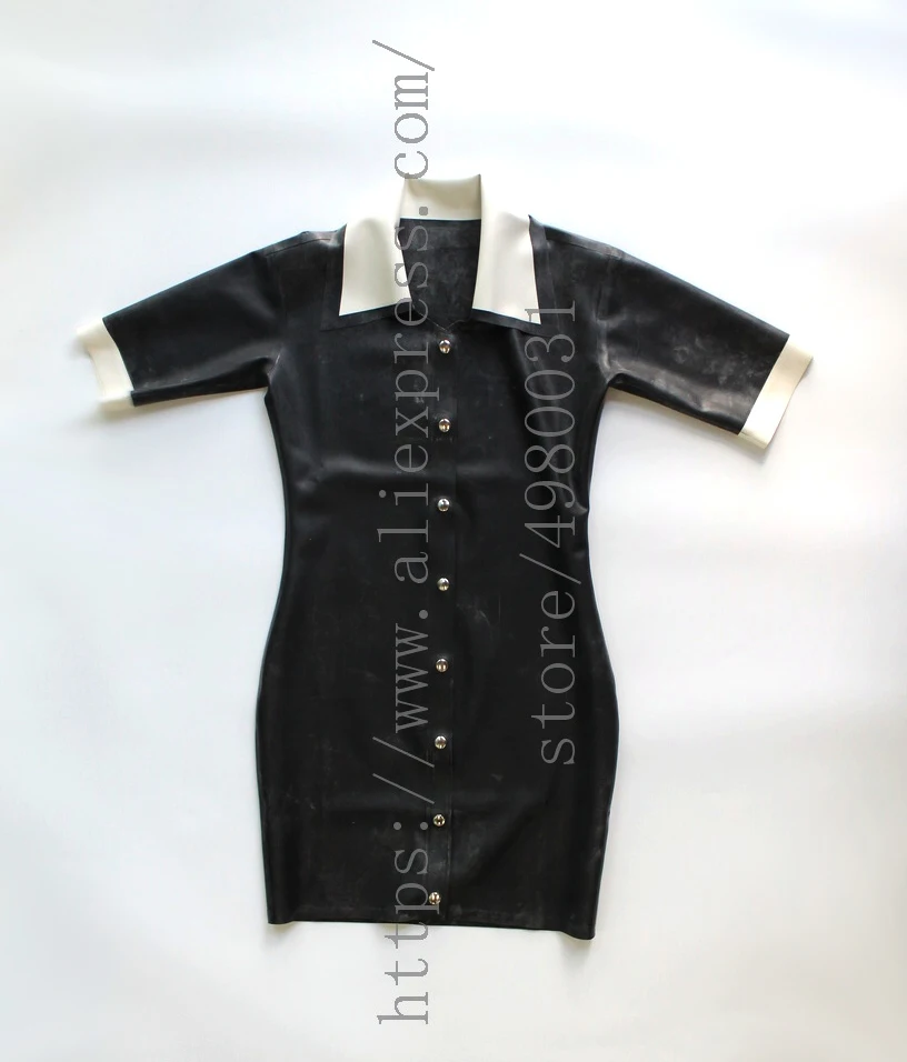 

Novelty latex dress plus size women's latex dress Zentai with front buttons decorations in black color