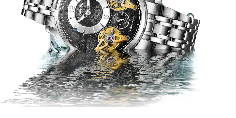 Старкинг Европа Мода автоматические часы двойной Турбийон Скелет часы для мужчин лучший бренд класса люкс нержавеющая сталь наручные часы