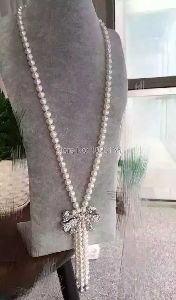

freshwater pearl white round A 6-7mm 8-9mm nature tassel necklace 24inch bowknot FPPJ