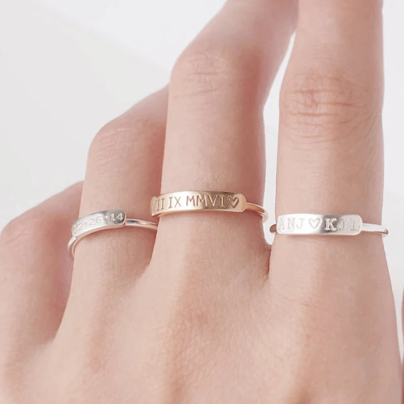 

1PCS Dainty Custom Engraved Initial Bar Rings Women Handmade Stackable Customized Name Number Ring Friends Gift Rose Gold Color