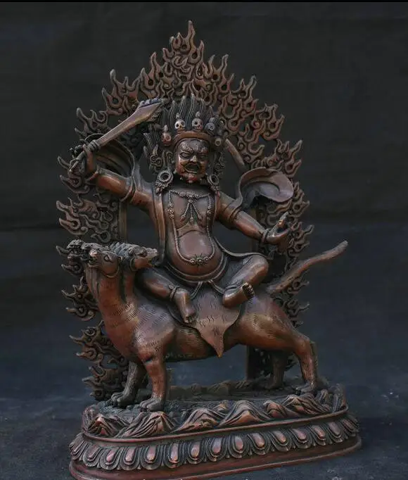 13 дюймов Старый тибетский красный цвет искусственная кожа Palden Lhamo Deity скульптура