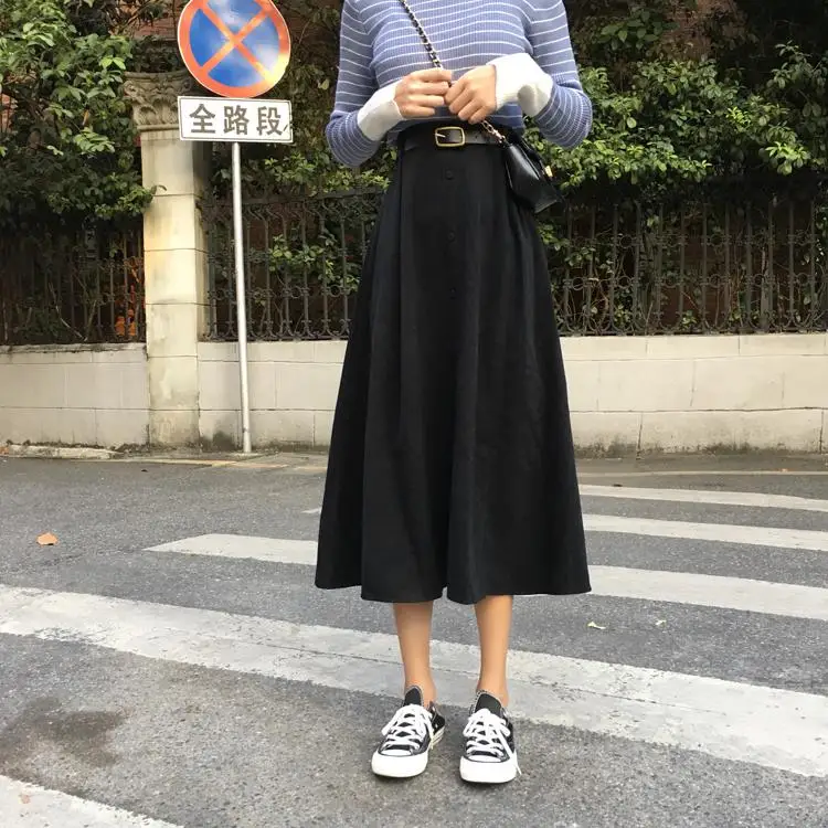 FTLZZ Женская трапециевидная плиссированная повседневная юбка с высокой талией и поясом, однотонная длинная юбка - Цвет: Black