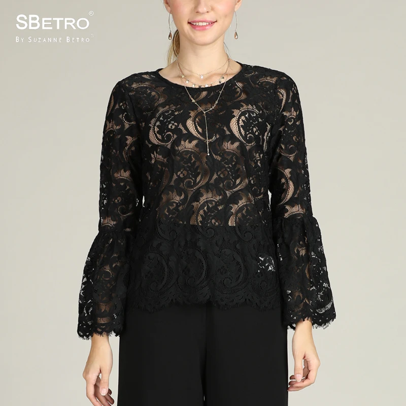 

SBetro Lace Women Blouse Black Crew Neck Fashion Tops Long Bell Sleeve Party Tunic Top Ladies Blouses Shirts
