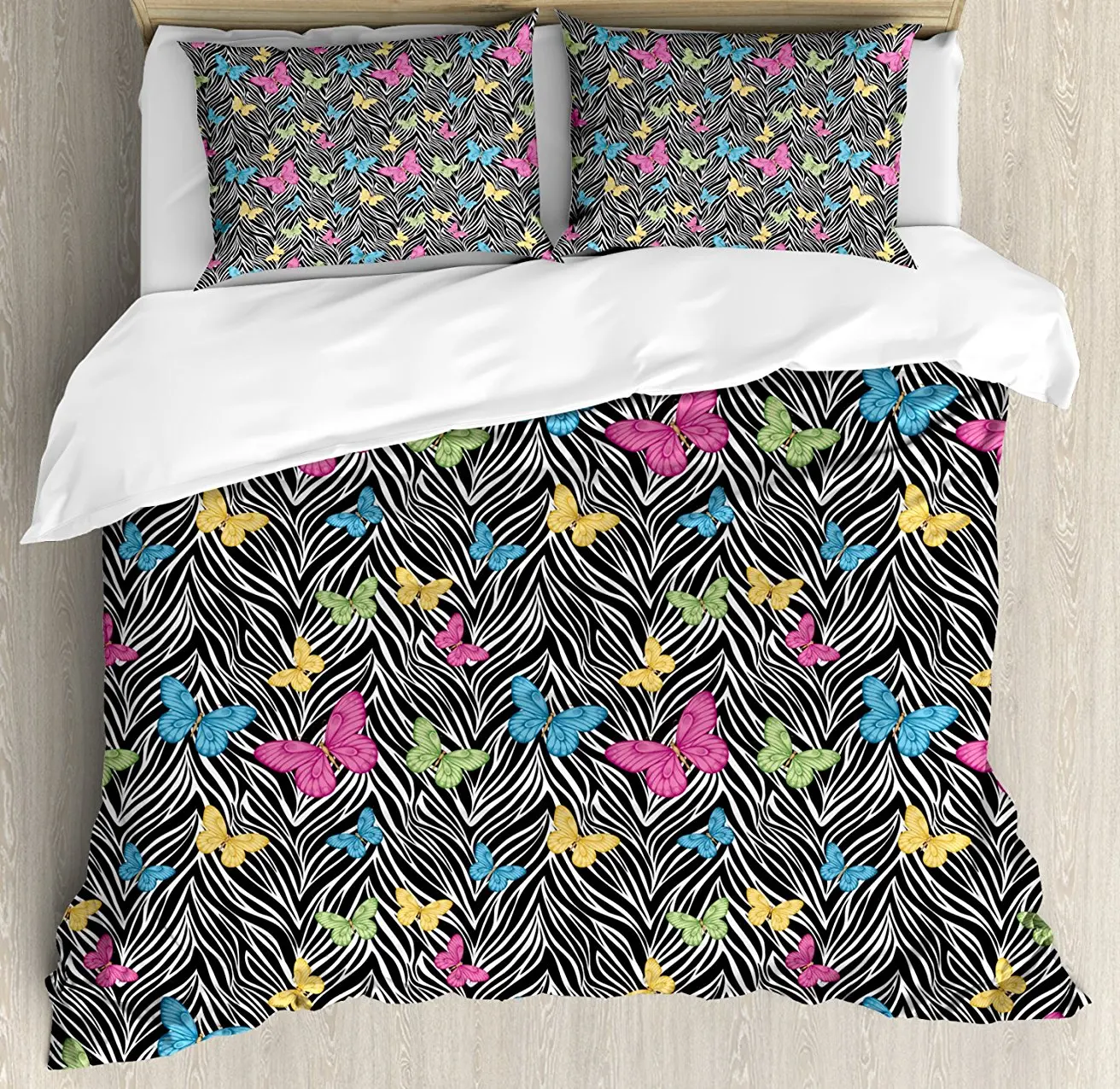 Zebra Print Duvet Cover Set , Colorful Butterflies on Zebra Abstract