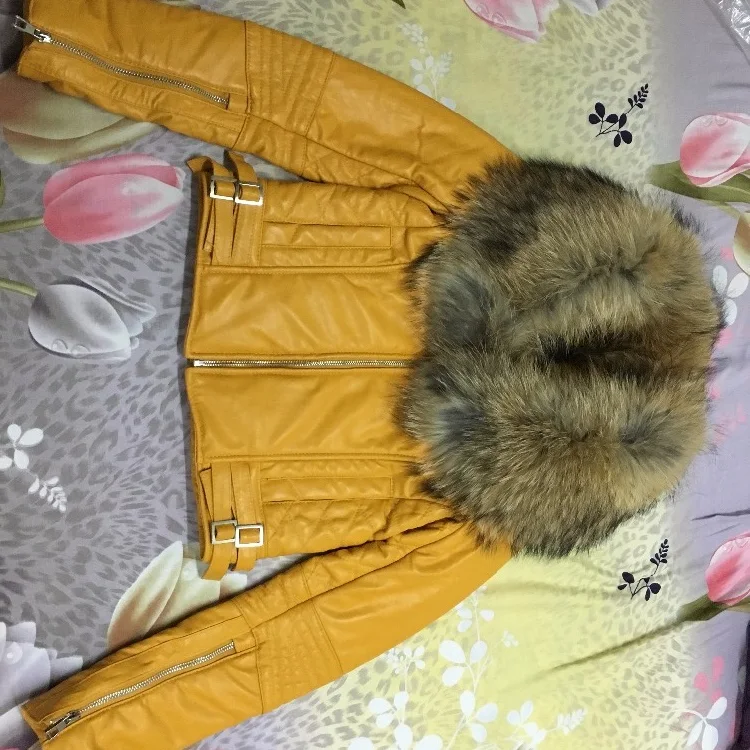 Yellow Red Leather Jacket With Fur Collar Natural Lamb Sheepskin Winter