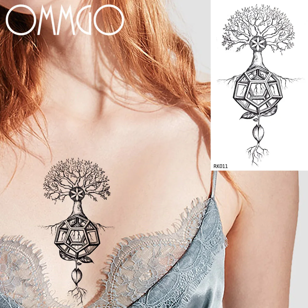 

OMMGO Geometric Tree Radish Temporary Tattoos Sticker Buddha Lotus Women Men Body Art Arm Wrist Custom Tattoo Black Fake Tatoos