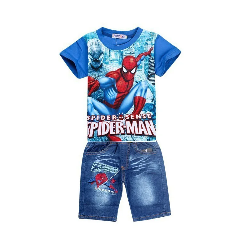 Коллекция года, розничная, летний детский комплект с человеком-пауком, модная детская рубашка с рисунком комплект с джинсовыми шортами, самая популярная одежда для маленьких мальчиков Детский комплект