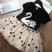 Летнее платье принцессы Одежда для девочек из 2 предметов футболка с лебедем+ платье-пачка со звездами Одежда для маленьких девочек Детские платья для девочек 2, 5, 7 лет