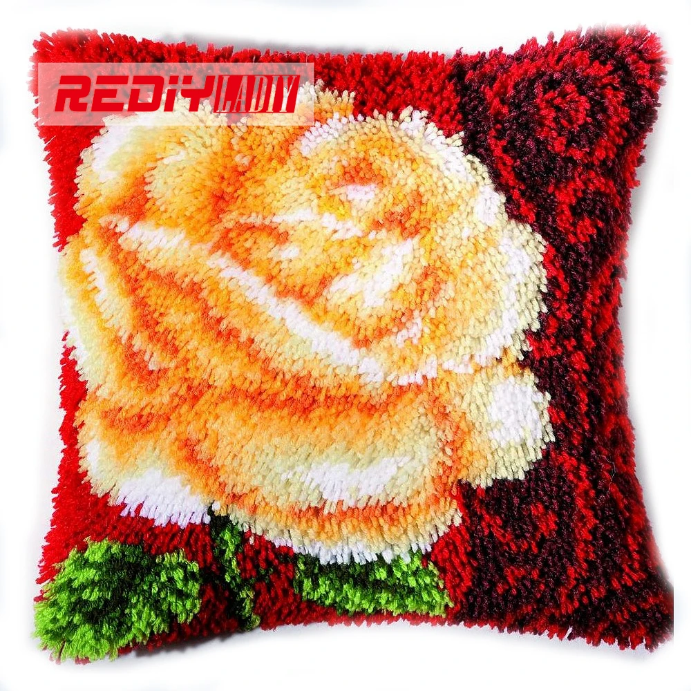 

3D Latch Hook Pillow Kits DIY Needlework Crocheting Rug Kits Single Goleden Rose Yarn Handmade Embroidery Unfinished Pillowcase