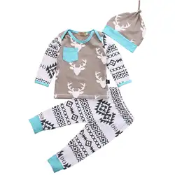 3 шт. Одежда для новорожденных 0-24 м для s олень Тап и рубашка с длинным рукавом штаны с цветочным принтом, шляпа одежда для маленьких