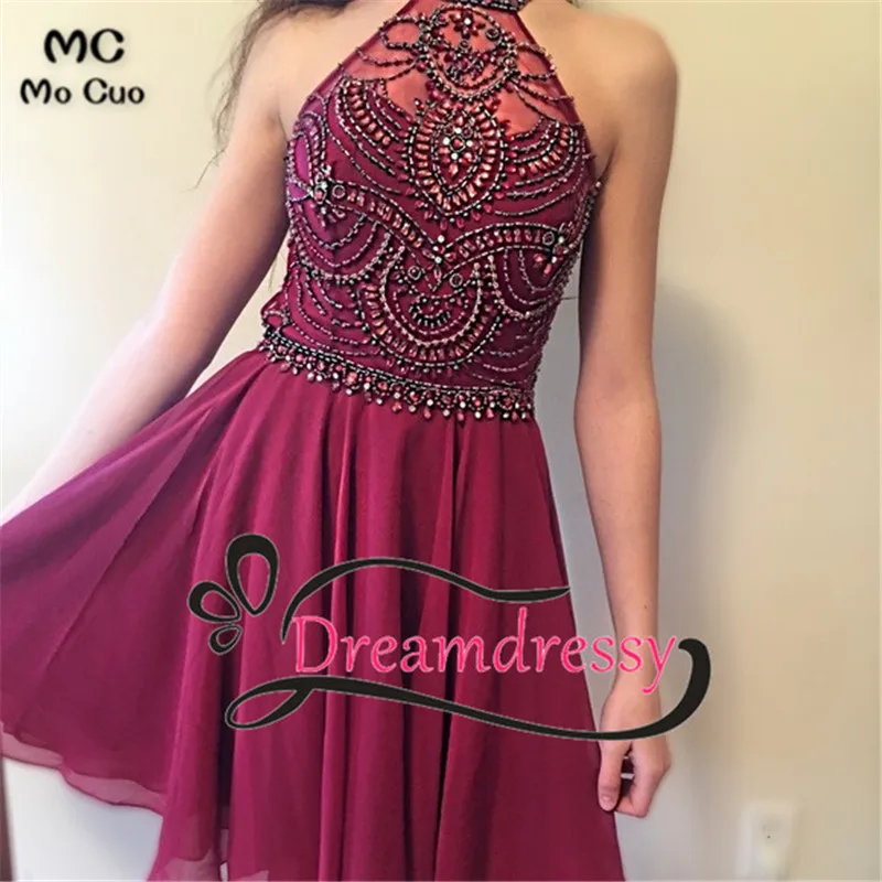 

2019 Short Burgundy Homecoming Dress Wedding Guest Dresses Crystals Beaded Halter Homecoming Cocktail Dresses