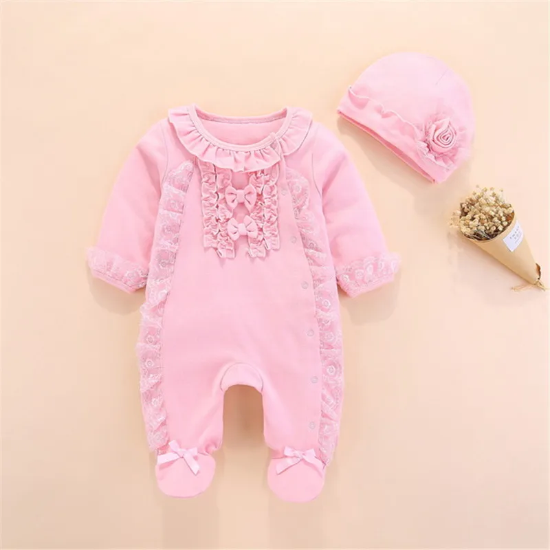 

2019 Europe America Baby Girls Clothes Spring autumn Print Princess Rompers+Hat Brief Set Infant Outfit Girls Jumpsuit Clothes