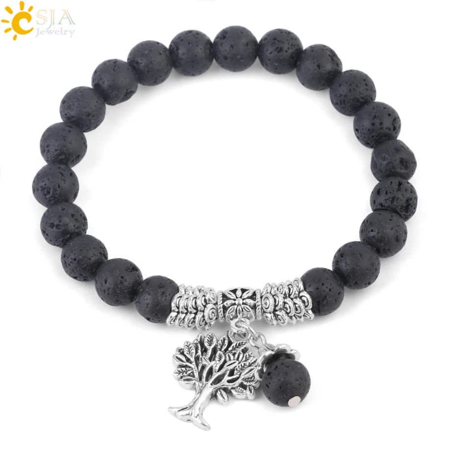 

CSJA Black Lava Gem Stone Volcanic Beads Bracelets Bangles for Men Chakra Tree of Life Diffuser Healing Adjustable Bracelet F997