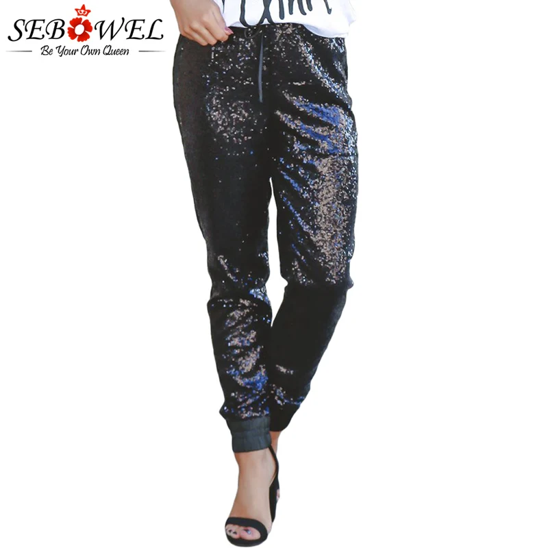SEBOWEL Black Glitter Sequin Pants Women Drawstring Stretch Trousers