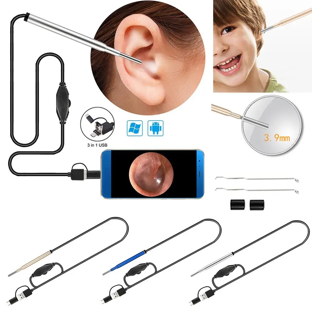 

3.9mm 3-in-1 Ear Cleaning Endoscope Camera 720p Ear Borescope Inspection Otoscope Hd 1.0 Mp Visual Earpick Tool Without Battery