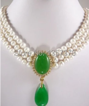 

bjc 000417 3color! 3 row 6-7mm white/pink/black pearl & green jade pendant necklace
