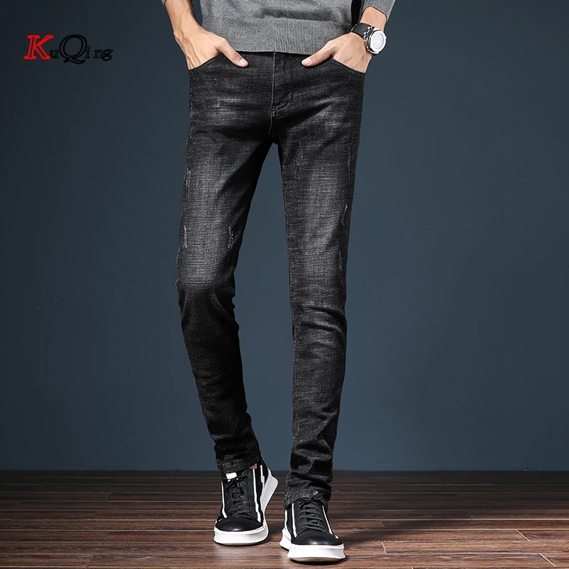 

KUQING 2019 Spring New Men's Elastic Cotton Stretch Jeans Pants Fit Denim Trousers Men's Brand Fashion Wear