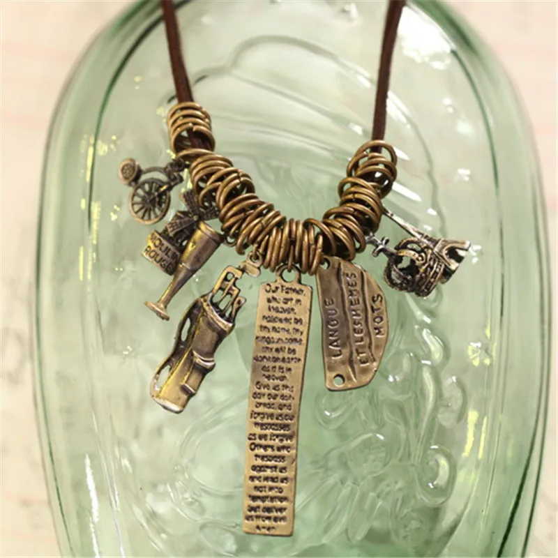 

8SEASONS Fashion Jewelry Metal Bronze Color Pendants Crown Eiffel Tower Bicycle Vintage Leather Rope Necklace, 1 Piece