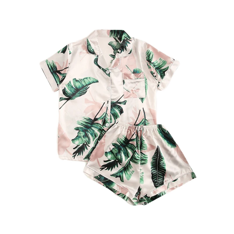 SHEIN, Атласный пижамный комплект с тропическим принтом, повседневная одежда для сна, комплекты с шортами, короткий рукав, карман, женский летний пижамный комплект