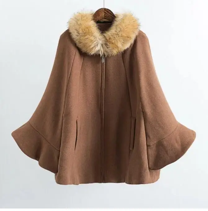

Women Fashion Jacket Casual Elegant Woollen Outwear Fur Collar Parka Cardigan Cloak Coat 2019